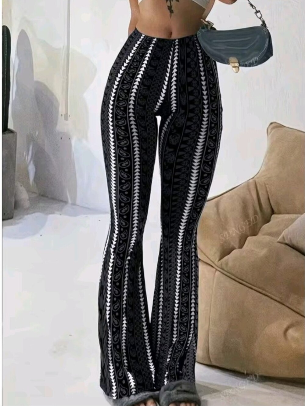 Women's Black And White Striped Stretchy Flare Legs Pants
